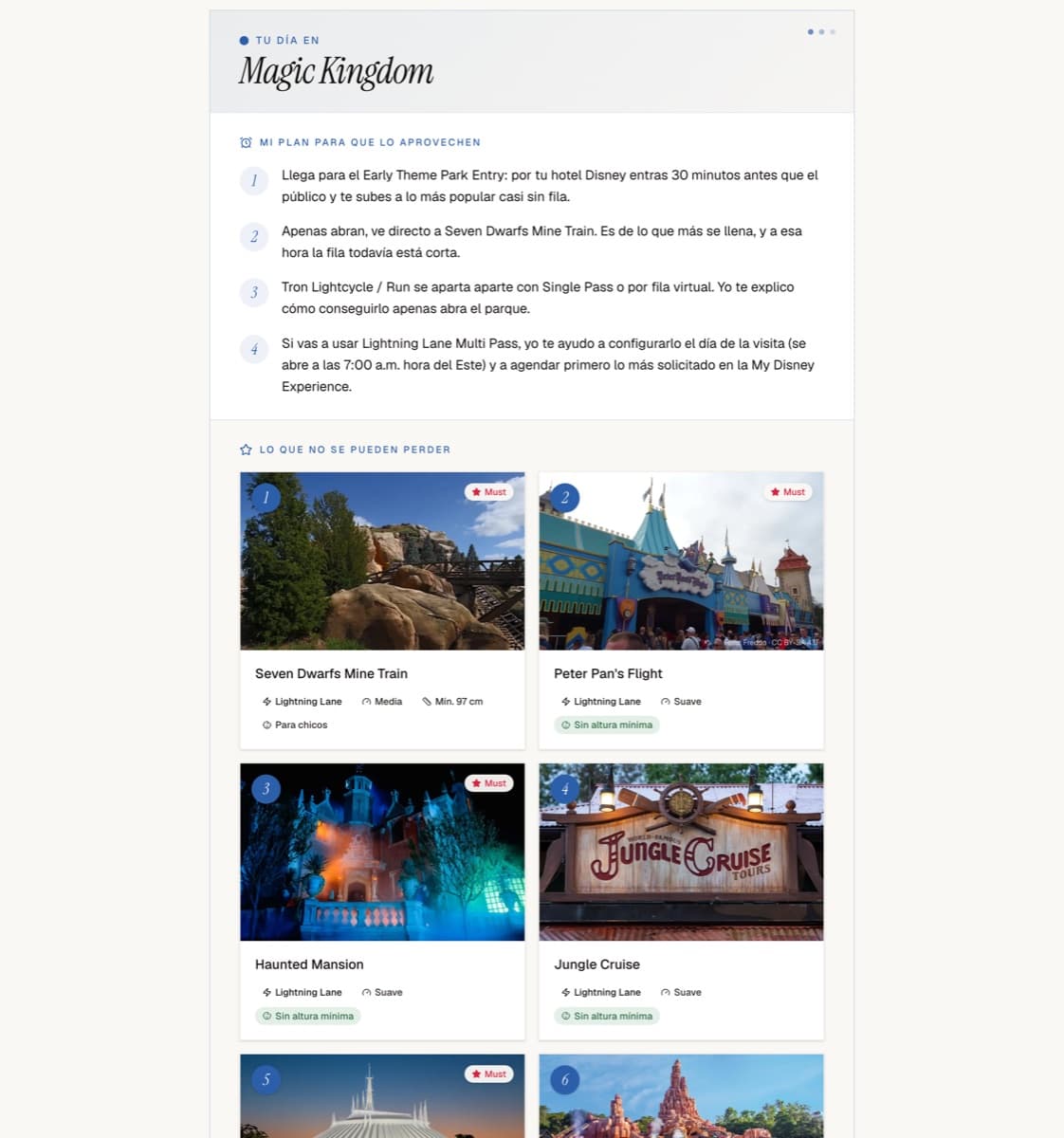 Sección de la guía de viaje, plan del día en Magic Kingdom con atracciones recomendadas y sus fotos